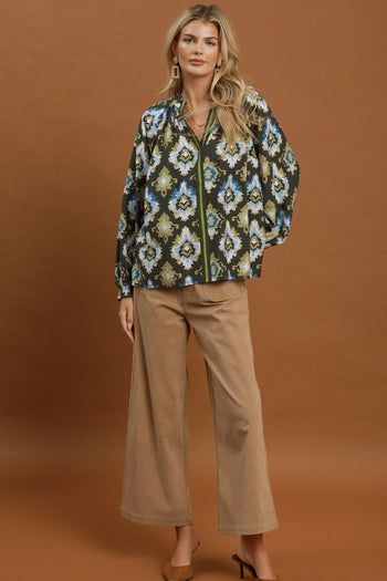 Umgee Abstract Medallion Print V-Neck Long Sleeve Blouse in Olive