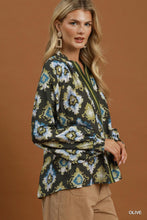 Load image into Gallery viewer, Umgee Abstract Medallion Print V-Neck Long Sleeve Blouse in Olive
