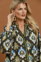 Umgee Abstract Medallion Print V-Neck Long Sleeve Blouse in Olive