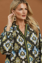 Load image into Gallery viewer, Umgee Abstract Medallion Print V-Neck Long Sleeve Blouse in Olive
