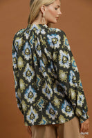 Umgee Abstract Medallion Print V-Neck Long Sleeve Blouse in Olive