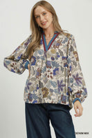 Umgee Floral Contrast Trim Long Sleeve Top in Denim Mix