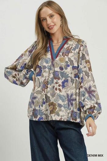 Umgee Floral Contrast Trim Long Sleeve Top in Denim Mix