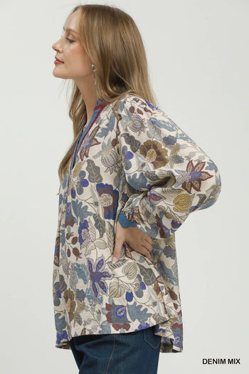Umgee Floral Contrast Trim Long Sleeve Top in Denim Mix