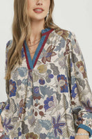 Umgee Floral Contrast Trim Long Sleeve Top in Denim Mix