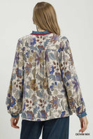 Umgee Floral Contrast Trim Long Sleeve Top in Denim Mix
