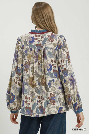 Umgee Floral Contrast Trim Long Sleeve Top in Denim Mix