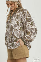 Umgee Floral Contrast Trim Long Sleeve Top in Olive Mix