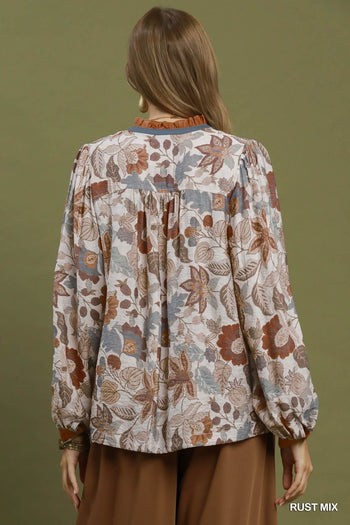 Umgee Floral Contrast Trim Long Sleeve Top in Rust Mix