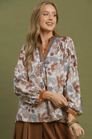 Umgee Floral Contrast Trim Long Sleeve Top in Rust Mix