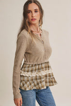 Load image into Gallery viewer, In February Quiet Cottage Mixed Media Plaid Peplum Sweater Cardigan in Oatmeal/Olive

