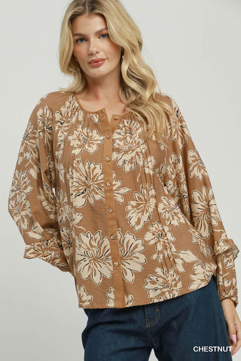 Umgee Floral Print Ruffle Sleeve Button-Down Blouse in Chestnut
