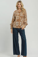 Umgee Floral Print Ruffle Sleeve Button-Down Blouse in Chestnut