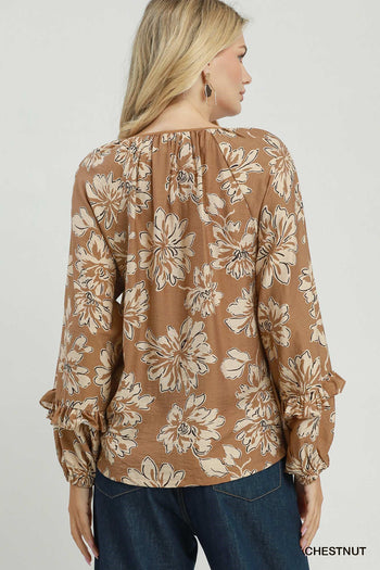 Umgee Floral Print Ruffle Sleeve Button-Down Blouse in Chestnut