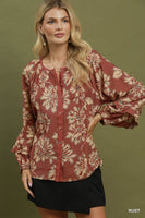 Umgee Floral Print Ruffle Sleeve Button-Down Blouse in Rust