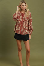 Load image into Gallery viewer, Umgee Floral Print Ruffle Sleeve Button-Down Blouse in Rust

