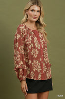 Umgee Floral Print Ruffle Sleeve Button-Down Blouse in Rust