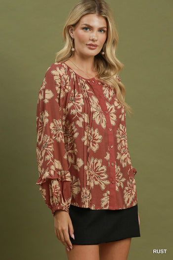 Umgee Floral Print Ruffle Sleeve Button-Down Blouse in Rust