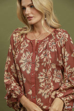 Load image into Gallery viewer, Umgee Floral Print Ruffle Sleeve Button-Down Blouse in Rust

