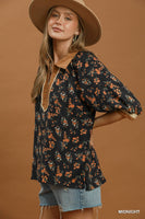 Umgee Floral Print Quarter Zip Contrast Collar Top in Midnight