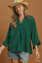 Load image into Gallery viewer, Umgee Plaid Split Neck Blouse with Lace Trim in Green
