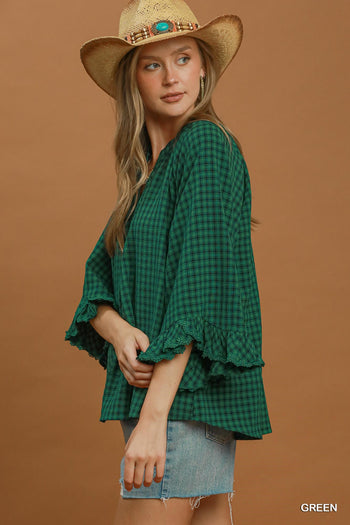 Umgee Plaid Split Neck Blouse with Lace Trim in Green