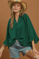 Umgee Plaid Split Neck Blouse with Lace Trim in Green