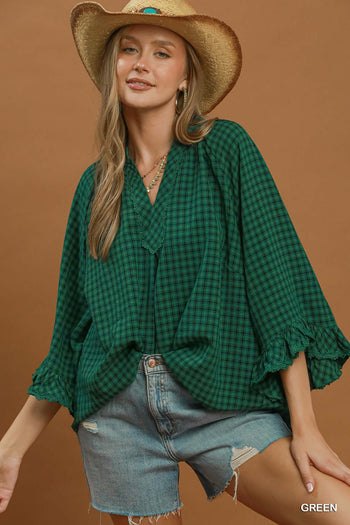Umgee Plaid Split Neck Blouse with Lace Trim in Green