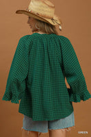 Umgee Plaid Split Neck Blouse with Lace Trim in Green