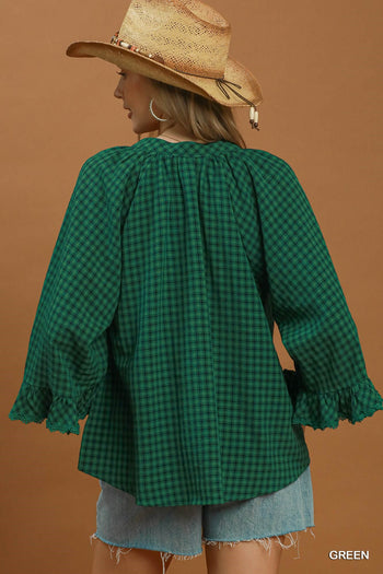 Umgee Plaid Split Neck Blouse with Lace Trim in Green