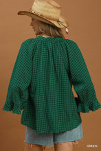 Load image into Gallery viewer, Umgee Plaid Split Neck Blouse with Lace Trim in Green
