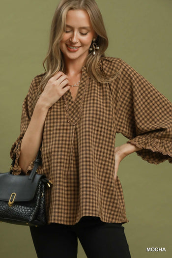 Umgee Plaid Split Neck Blouse with Lace Trim in Mocha