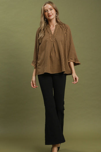 Umgee Plaid Split Neck Blouse with Lace Trim in Mocha
