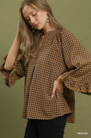 Umgee Plaid Split Neck Blouse with Lace Trim in Mocha