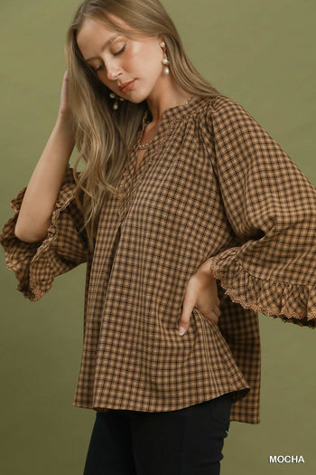 Umgee Plaid Split Neck Blouse with Lace Trim in Mocha