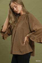 Load image into Gallery viewer, Umgee Plaid Split Neck Blouse with Lace Trim in Mocha
