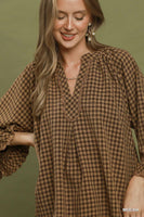 Umgee Plaid Split Neck Blouse with Lace Trim in Mocha