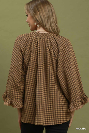 Umgee Plaid Split Neck Blouse with Lace Trim in Mocha
