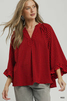Umgee Plaid Split Neck Blouse with Lace Trim in Red