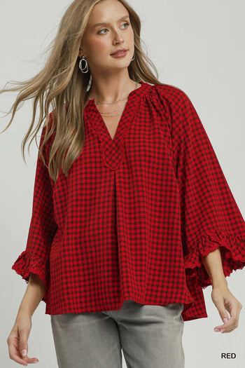 Umgee Plaid Split Neck Blouse with Lace Trim in Red