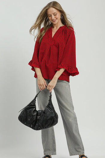 Umgee Plaid Split Neck Blouse with Lace Trim in Red