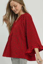 Load image into Gallery viewer, Umgee Plaid Split Neck Blouse with Lace Trim in Red
