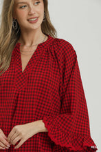 Load image into Gallery viewer, Umgee Plaid Split Neck Blouse with Lace Trim in Red
