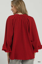 Load image into Gallery viewer, Umgee Plaid Split Neck Blouse with Lace Trim in Red
