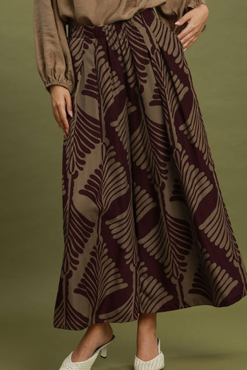 Umgee Abstract Botanical Print Wide Leg Pants in Plum