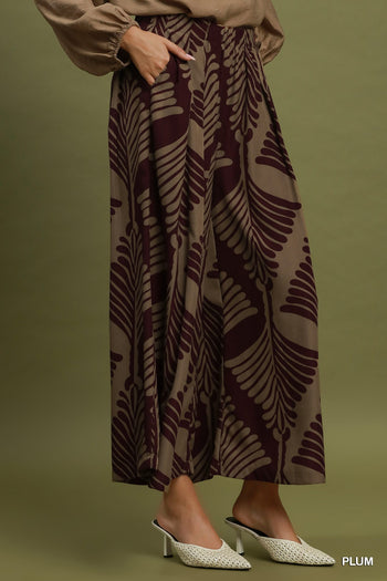 Umgee Abstract Botanical Print Wide Leg Pants in Plum