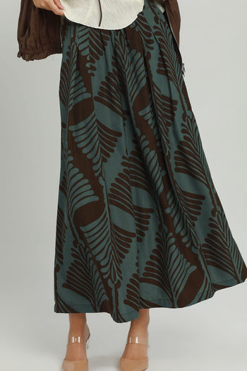 Umgee Abstract Botanical Print Wide Leg Pants in Teal