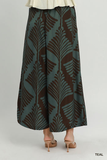 Umgee Abstract Botanical Print Wide Leg Pants in Teal