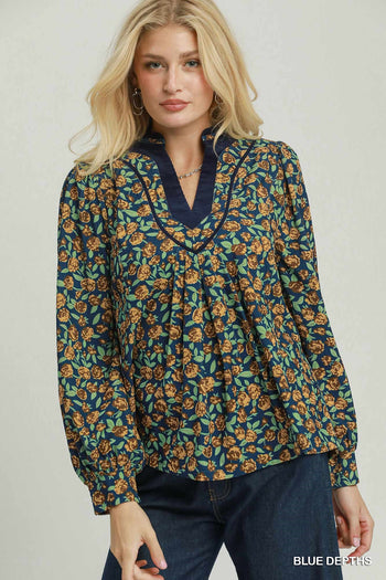 Umgee Floral Print Contrast V-Neck Long Sleeve Blouse in Blue Depths
