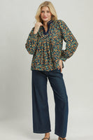 Umgee Floral Print Contrast V-Neck Long Sleeve Blouse in Blue Depths
